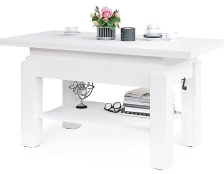 Schöner All4All Couchtisch Bresso 130x65 - Wohnzimmertisch - Klapptisch - Couchtisch höhenverstellbar - mit Ablagefach - Sofatisch mit Stauraum - Weiß 05
