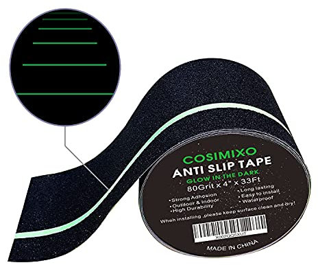 COSIMIXO 4 x 33Ft Grip Tape Anti Slip Traction Tape with Glow in Dark Green Stripe,Friction, Abrasive Adhesive Non Slip for Stairs, Tread Step, Indoor and Outdoor, Black