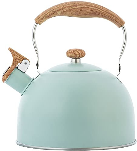 Tea Kettle, Vilihkc 85 OZ / 2.5 Liter Whistling Tea Kettle, Tea Pots for Stove Top Food Grade Stainless Steel with Wood Pattern Folding Handle, Loud Whistle Kettle for Tea, Coffee, Milk
