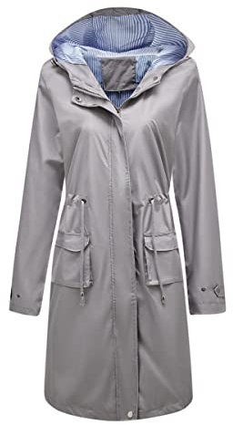YUNCLOS Femme Manteau Imperméable Elégant Coupe-Vent à Capuche Long Veste de Pluie Slim Fit Couleur Unie,Gris,XL