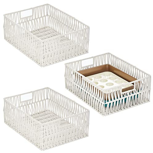 mDesign Metalldraht, Baumwollseil, großer Makramee-Boho-Aufbewahrungskorb, dekorativer Abfalleimer mit Griffen, Organizer für Küche, Speisekammer, Geschirrtücher, Partyzubehör – 3 Stück – Weiß