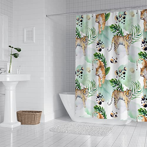 Cortina de Ducha Tigre Verde Menta Cortina Ducha Poliester Antibacteriano Cortinas de Baño Lavable Cortina Baño Cortina de Baño Antimoho Impermeable Cortinas Ducha+12 Ganchos 200x200cm