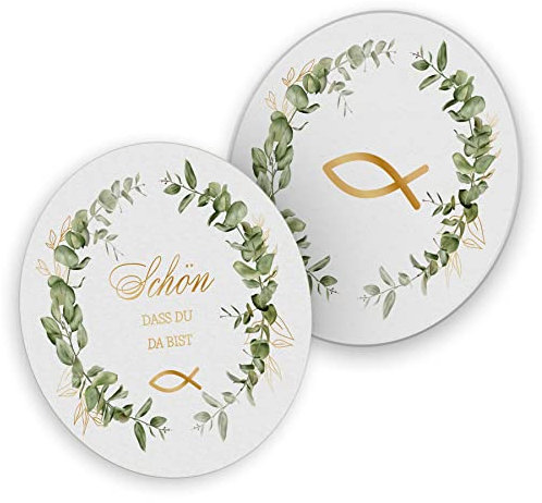 itenga 40x Bierdeckel Untersetzer Fisch Gold grün Blätter Eukalyptus Schön DASS du da bist - Tischdeko runde Bierdeckel aus Pappe passend für Taufe Kommunion Konfirmation Firmung