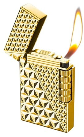 Feuerzeuge Weiche Flamme Metall Feuerzeug Traditionelles Zigarren Butan Feuerzeug mit einstellbarem Flammenrad Vertikale Zündrolle Feuerzeug Feuerzeug Klassische Zeichnung Feuerzeug (Gold-1)