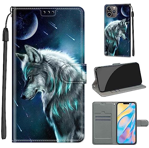 TOMYOU PU Leather Wallet Case for iPhone 12 Pro Max, Wolf | Pouch Design, Book Flip Folio, Magnet Closure, Kickstand, Card Slots, Wrist Strap Lanyard, Pattern Style