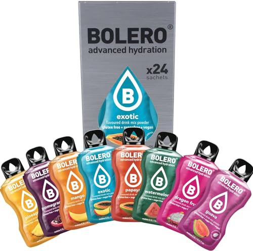 Bolero EXOTIC MIX 24x3g | Saftpulver ohne Zucker, gesüßt mit Stevia + Vitamin C | glutenfrei und veganfreundlich | Mischung aus verschiedenen exotischen Geschmacksrichtungen