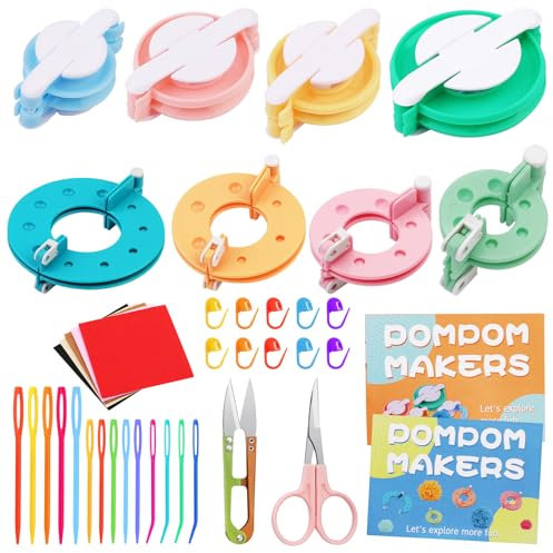 MASPHY Pompom Maker Kit, 8 Größen Pom Pom Maker Kit mit Bedienungsanleitung, Schere, Maschenmarkierer, einfach zu machen Pompoms für Pom Pom Stricken DIY Häkeln Stricken