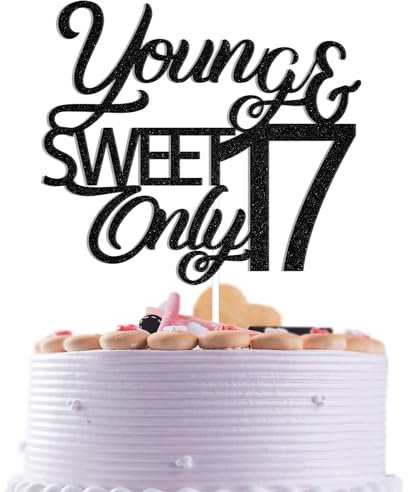 Young & Sweet Only 17 Cake Topper Happy 17th Birthday Cake Decorations Funny 17 Years Old Party Decoration Black Glitter