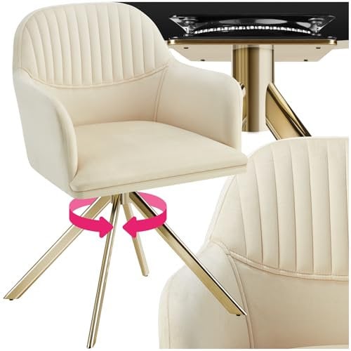 tectake® Esszimmerstuhl drehbar, Armlehnstuhl drehbar, ergonomischer Stuhl Samt, Stühle für Esszimmer, Möbel für Wohnzimmer, Arbeitszimmer, Esstisch, Schminktisch - Creme/Gold