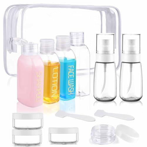Hokretme 14 Pcs Leakproof Squeeze Bottles Travel Kit,4 x 3.4 oz TSA Approved Toiletry Bottles, 2 x 2oz Clear Spray Bottle,4 x 10ml cream jars,1 x White Toiletry Bag,2 x spatula,1 x blank label (clear)