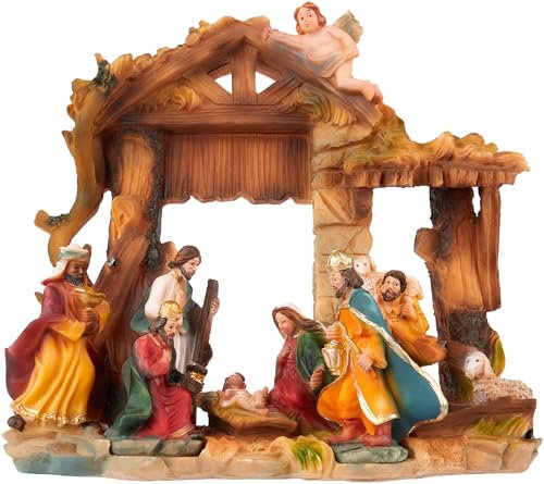 BRUBAKER Weihnachtskrippe - Jesus, Maria, Josef und die Könige im Krippenstall - 22 cm Tischkrippe Weihnachtsfigur mit handbemalten Figuren aus Polyresin - Krippenfigur Tischdekoration