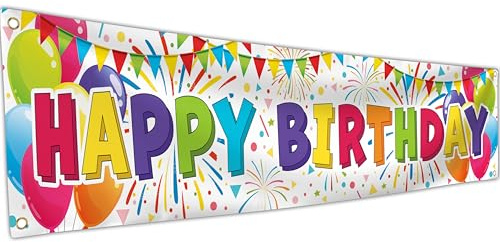Happy Birthday Banner – Geburtstagsdekorationen – Geburtstag Hintergrund – Bday Banner Hintergrund 180 x 40 cm / 6 x 1.3ft mit 4 Messinglöchern (weiß)