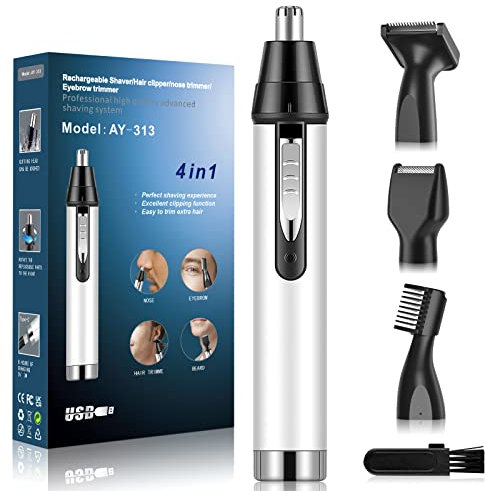 Nasenhaartrimmer Nasenhaarschneider Ohrhaarschneider,4-in-1 USB Professionelle Ohrenhaartrimmer für Nasenhaare & Augenbrauen & Ohrenhaare für Damen und Herren, Weiß