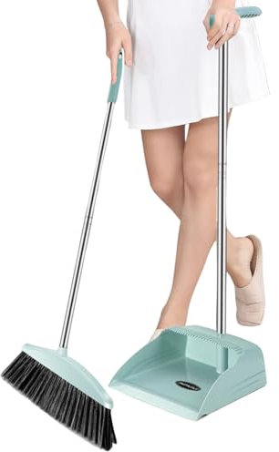 Ensemble Balai et Pelle à poussière | Balai à Long Manche avec Pelle à poussière Debout | Fournitures de Nettoyage antiadhésives Robustes pour intérieur et extérieur, Balayage de terrasse, Balayage