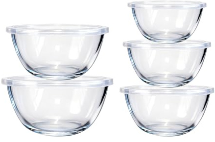 pantrytine Glass Mixing Bowl Set 5-Piece with Lids - Salad Bowl for Kitchen Prepping and Storage - Microwave Dishwasher Oven Safe - 17oz, 26oz, 36oz, 56oz, 73oz