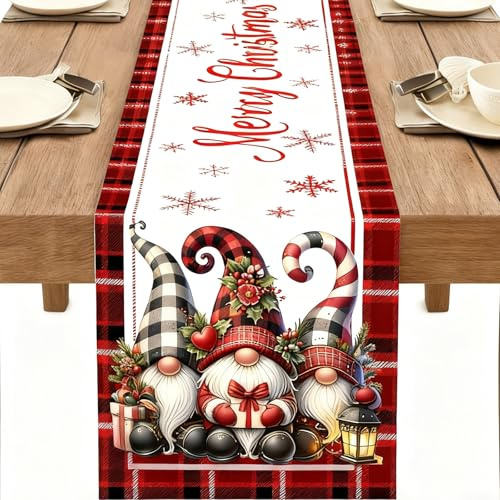 Gleemix Tischläufer Weihnachten Zwerg, Weihnachtsdeko Innen Tischläufer, Tischdeko Weihnachten, Weinachtsdekorationen Tisch, 33x183cm, Buffalo Plaid Design, Rot-Weiß