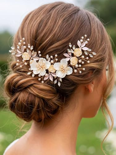 IYOU Bridal Wedding Hair Vine Flower Rose Gold Headband with Comb Bride Bridesmaid Hair Accessories for Women