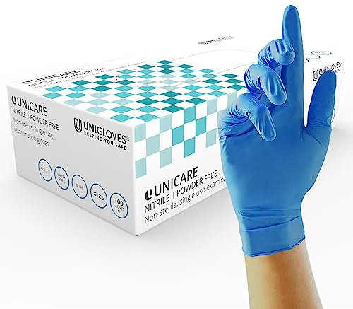 Unigloves Unicare Gants d'examen en nitrile - Polyvalents, sans poudre, gants jetables de qualité médicale - Boîte de 100 gants, bleu, taille L (GS0034)