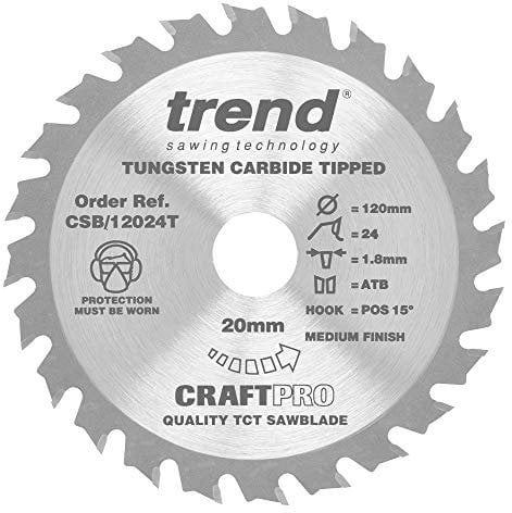 Trend Wood Akku-Kreissägeblatt, 120 mm Durchmesser, 20 mm Bohrung, 24 Zähne, 1,8 mm Schnittfuge, +15° Haken, TCT, mittlere Oberfläche, CSB/12024T