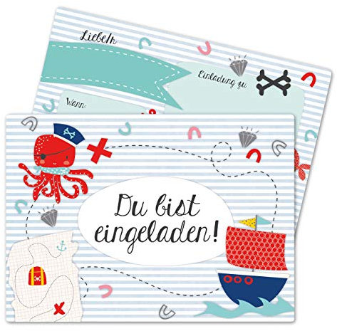 Papierdrachen 12 Einladungskarten zum Kindergeburtstag für Jungen - Motiv Pirat - Geburtstagseinladungen für deine Geburtstagsparty (DIN A6)