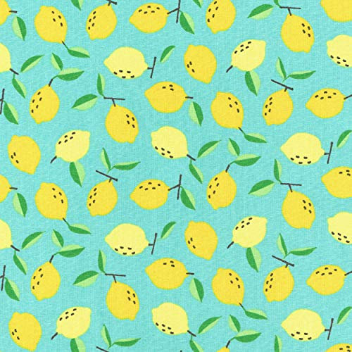 Textiles français Baumwollstoff | Saftige Zitronen Stoff - Zitronengelb, Blattgrün und Braun (Grundfarbe: Tropical Türkis) | 100% Baumwolle | Stoffbreite: 160 cm (pro Laufmeter)*