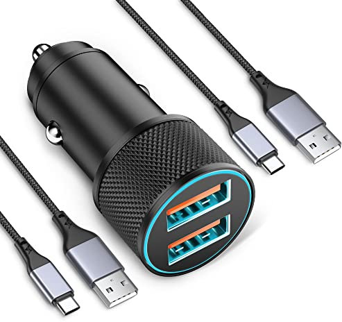 Cargador Coche Mechero USB, 36W Rapida Cargador Movil Coche con 2X USB Tipo C Cable Nailon, 12V Adaptador Carga Accesorios para iPhone 16 16e 15 Pro MAX, Samsung Galaxy S25 Ultra S24 S23 S22, Pixel