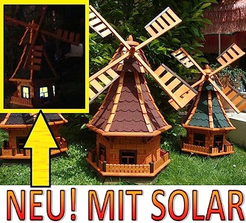 ÖLBAUM Windmühle Garten, WETTERFESTE Gartendeko für Sommer, windmühle für Garten, WMB110ro-OS ohne o. mit SolarBeleuchtung, für Außen 1,10 m groß rot dunkel