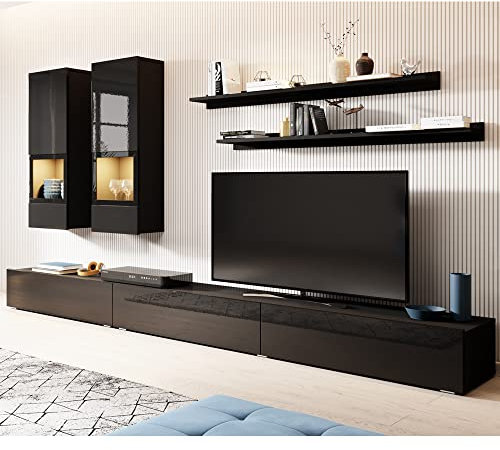 Lomadox Wohnwand inkl. LED Beleuchtung in schwarz Hochglanz mit schwarz matt, B/H/T: ca. 270/200/41 cm