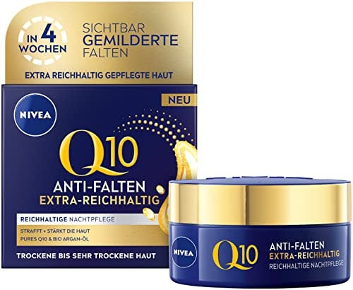NIVEA Q10 Anti-Falten Nachtpflege, Nachtcreme für trockene Haut mit Coenzym Q10 und Bio Argan-Öl, feuchtigkeitsspendende Anti-Falten Gesichtspflege, Q10 Power Extra-Reichhaltige Nachtpflege, (50 ml)