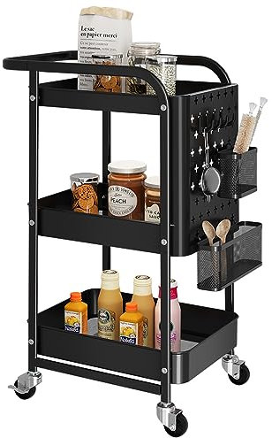 Dripex Storage Trolley on Wheels, 3-tire Metal Storage Utility Cart with 1 Removable Pegboards, 2 Baskets, 4 Hooks, Rolling Storage Trolley for Kitchen, Bedroom, Bathroom, Office, Black