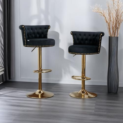 Bgsryao Tabouret Bar, Lot de 2, Chaise de Bar, Chaise Haute de Cuisine, Tissu Velours, réglable en Hauteur, avec Dossier incurvé, Assise rembourrée, Repose-Pieds, pivotant à 360°, Noir