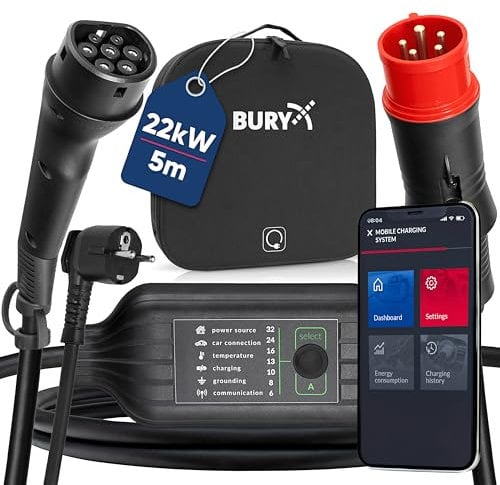 BURY® PowerFlash 9050 EV Mobile Wallbox mit App, Mobiles Ladekabel 22kw mit Typ 2 Adapter, Schuko, Länge ca. 5m, inkl. Tasche, mit optionaler Halterung als Wallbox verwendbar, wasserdicht, staubdicht
