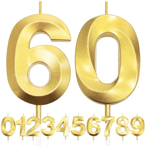60th Geburtstagskerze, 3D Design Gold Glitter Nummer Kerzen, Cake Topper Dekorationen, Kuchen Kerze für Geburtstagsparty, Hochzeitstag, Baby-Dusche, Party-Dekoration