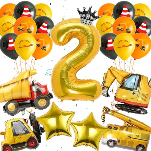 Bagger Ballon 2.Geburtstag Deko - 26 Stück Baustelle Geburtstag Ballon, Kran und Zahlen 2 Ballon, Baustellen Thema Party Deko für 2 Jahre Junge
