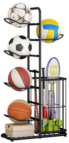 Metal Ball Storage Rack with Removable Hanging Rods and Side Basket Freestanding Sports Equipment Organizer for Basketball Volleyball Football Vertical Stand for 5 Balls