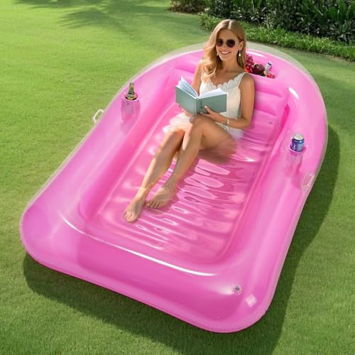 MoKo Aufblasbar Solarium Pool Luftmatratze, Pool schwimmt Erwachsen Boot mit EIS Bar und Becherhalter, 78 x 49 Große Sonnenbaden Luftmatratze, Solarium Pool mit Kissen für Wasser Party, Rosa