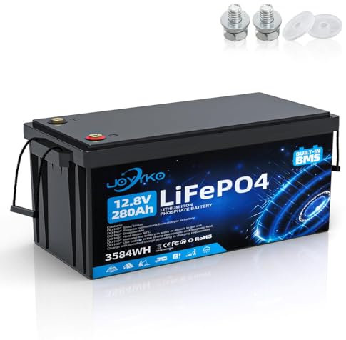 Batterie Lithium 12V, 280Ah Batterie LiFePO4 Rechargeable avec BMS, Jusqu'à 15000+ Cycles, pour UPS, Fish Finder, Tondeuse à Gazon, Camping Car, Système Off-Grid, Bateau, Caravane, Panneau Solaire