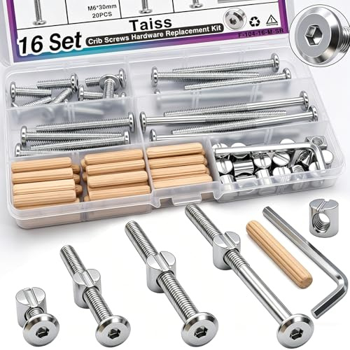 Taiss Set di 16 viti per culla M6 x 20 mm/40 mm/60 mm/80 mm, viti a testa esagonale, bulloni, dadi a barilotto e perni per tasselli, bulloni per mobili, bulloni per lettini e culle, kit di ricambio