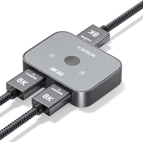 XAOSUN Interruptor HDMI 2.1 8K, conmutador HDMI 2 en 1 salida/1 en 2 salidas, 4K a 120Hz 8K a 60Hz divisor compatible con HDR, 3D, Dolby compatible con portátiles, Xbox, HDTV, PS5/PS4, Roku, Blu-Ray