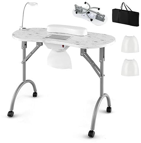 COSTWAY Folding Manicure Nail Table, Portable Nail Station Beauty Technician Desk with Dust Collector, LED Lamp, Wrist Pad, Lockable Wheels & Carrying Bag, Mobile Professional Spa Salon Table (White)