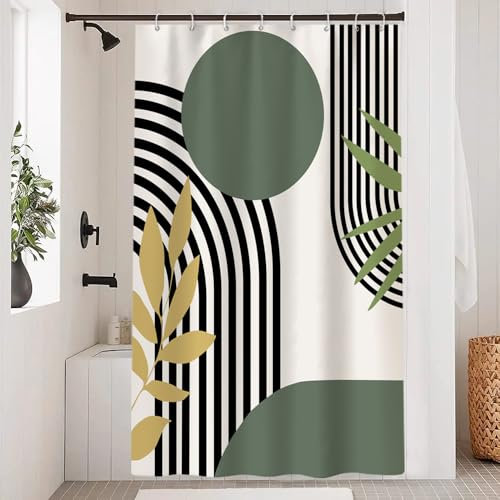 Uiiooazy Rideau Douche Vert, Rideau de Douche Abstrait Géométrique Lignes Noir Rayé Rideaux de Baignoire Anti Moisissure Imperméable Tissu Polyester Rideaux Salle de Bain avec 8 Crochets 120x200cm