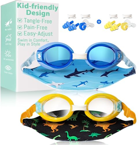 Pixel Panda 2 Pack Kids Swim Goggles with Fabric Strap for 3-14 Anti-Fog Anti-UV, No Leak No Hair Pulling Swimming Goggles Boys Girls Youth Toddlers Pool Water Protection(Blue and Yellow)