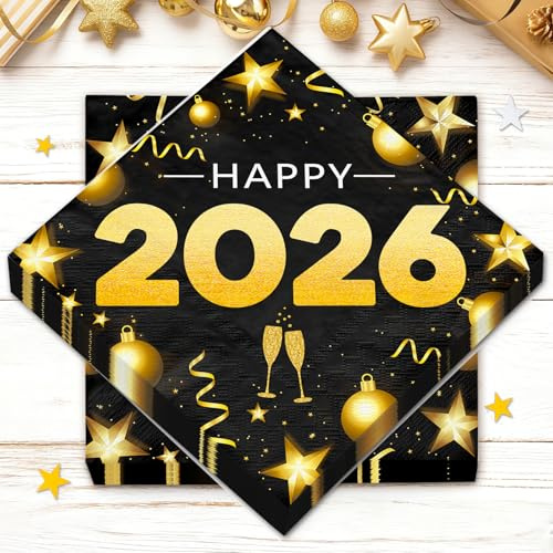 40 Stück Servietten Silvester - HAPPY 2026, 33x33cm Servietten Schwarz Gold Silvesterdeko für Neujahr Party Countdown & Empfang, Silvester Tischdeko