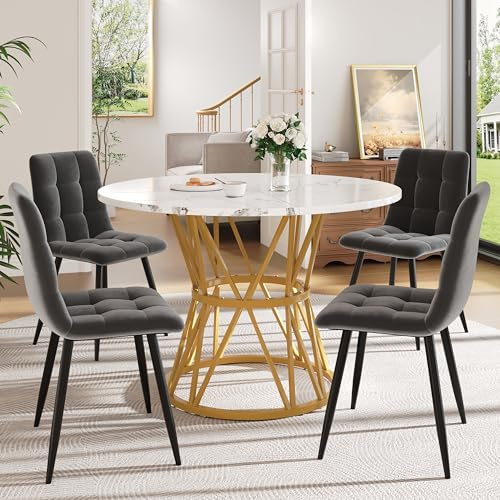 DACHETOU Esstisch-Set 100 cm Runder Küchentisch Esstisch mit 4 Stühlen, Modernes Küchen-Esstisch-Set,Metallbeinen, MDF-Marmor-Tischplatte, Esszimmerstühle aus grauem Samt