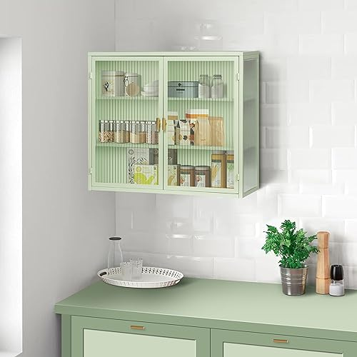 Ligterra Hängeschrank Küche, Küchenschränke mit Glastüren & 3 Ablageflächen, Charakteristisches Flechtmuster, für Küche, Esszimmer, Eingangsbereich, Badezimmer, 70×23.01×59.99cm (Grün)