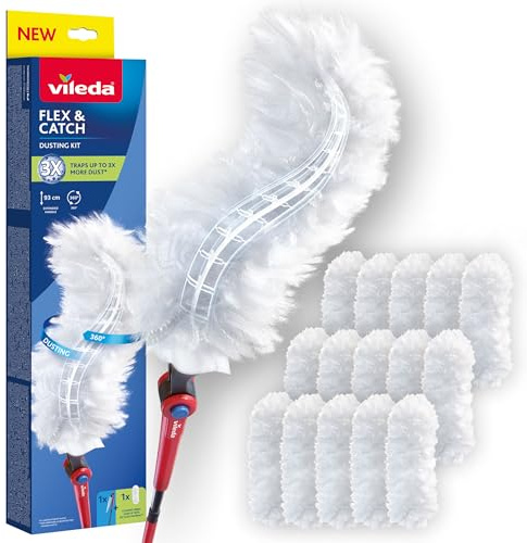 Vileda Flex&Catch kit catturapolvere con manico lungo e 15 ricambi |Cattura fino a 3 volte più polvere rispetto ai piumini tradizionali | Manico estensibile fino a 93cm | Gancio per fissare il piumino