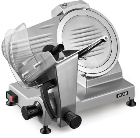VEVOR Cortafiambres Eléctrico 240 W, Cortadora de Carne Comercial con Cuchilla de Acero al Carbono de 250 mm, Afilador Incorporado, Grosor Ajustable de 0-12 mm para Carne Congelada, Jamón, Baguette