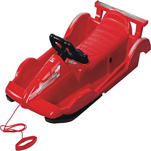 AlpenGaudi Race - Lenkbob Schlitten für Kinder mit Zugseil, Sportlenkrad und Handbremse, rot, 100cm
