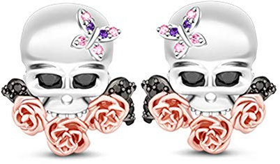 Gnoce Skull with Rose Stud Earrings Sterling Silver Fashion Earrings with Black Stone Jewelry Gift for Women Men