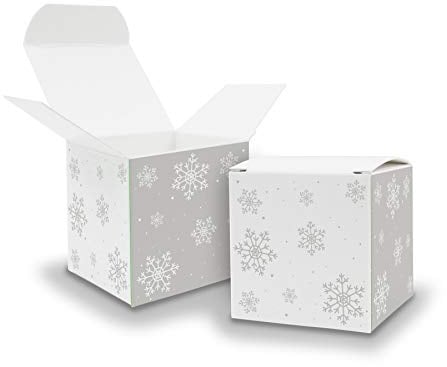 itenga Geschenkboxen Würfel aus Karton Bedruckt mit Muster - Adventskalender Gastgeschenk zum Füllen und Dekorieren 6,5x6,5cm (Schneeflocken, 25)